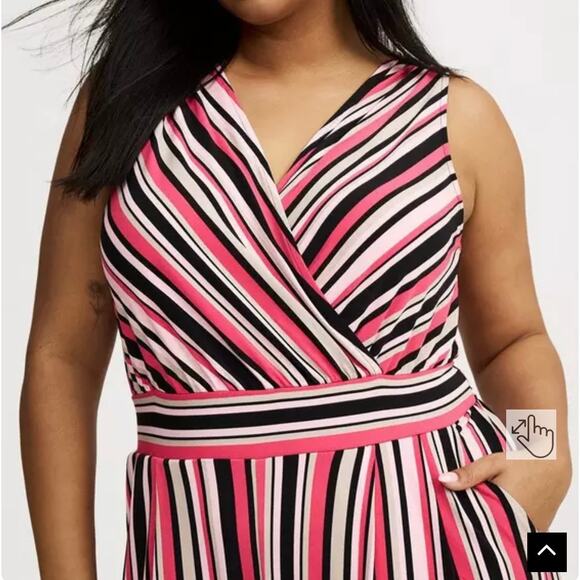 Torrid, NWT, Sz 00/Med/10 Studio Knit Surplice Tie Back Pink Stripe Jumpsuit - Picture 3 of 10